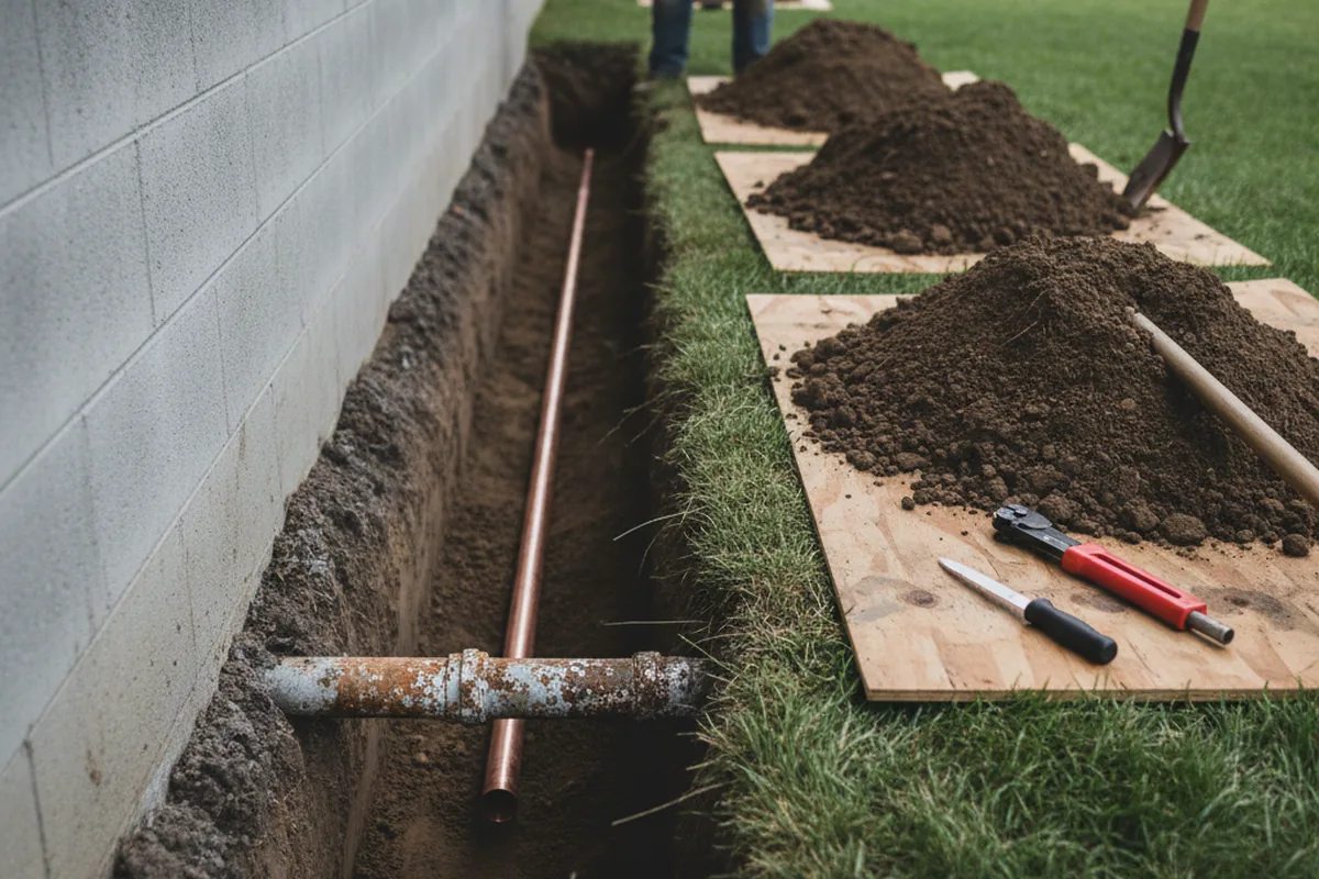Excavated water line trench during Water Softener Installation in Canyon